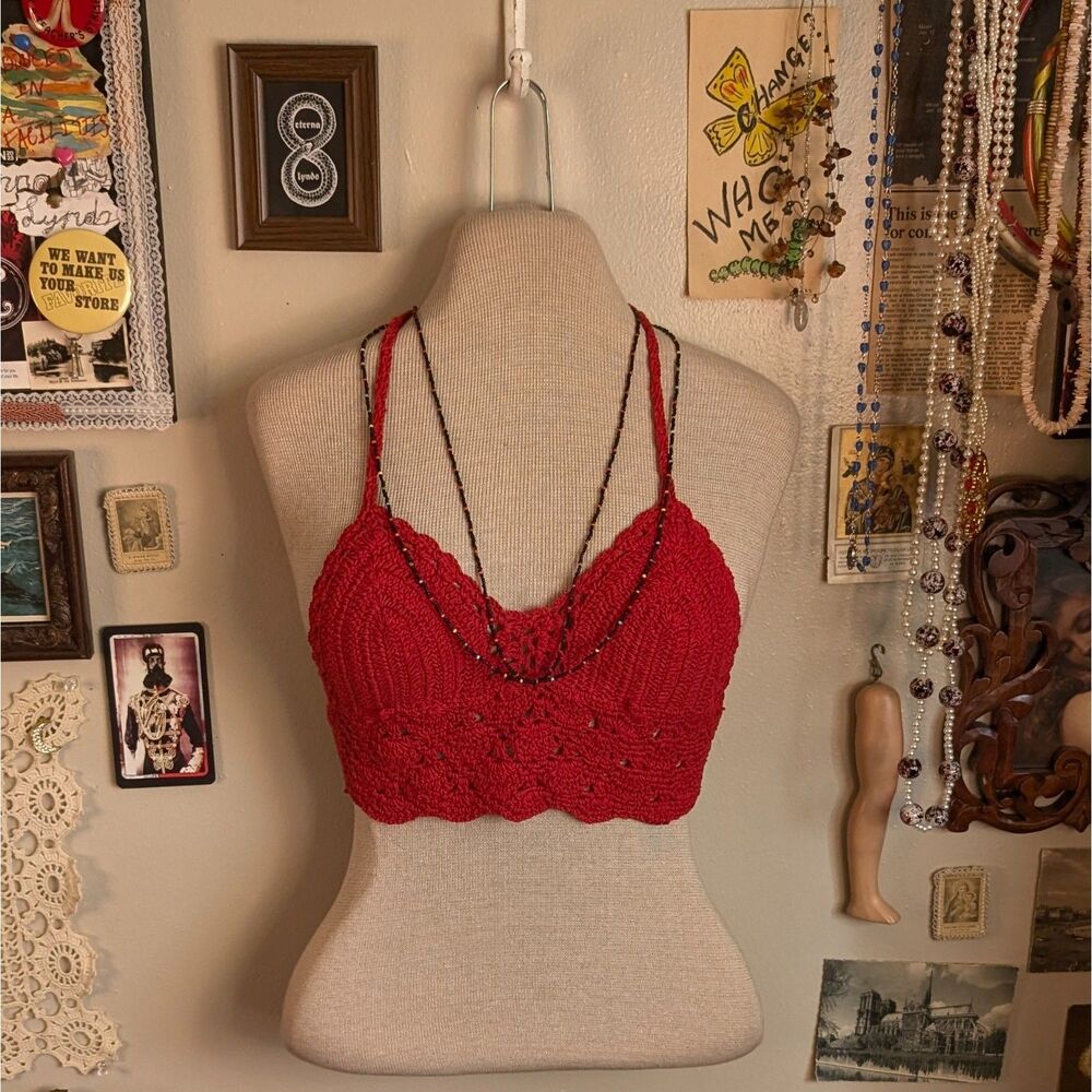 Crochet Halter Bikini Tie Bralette Top Women's XS/Small Red Boho Beach